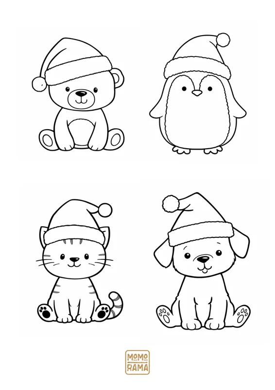 4 animali con cappellino da colorare