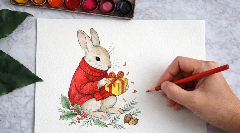 Una mano che colora una immagine che rappresenta un coniglio con un pacco regalo e decorazioni natalizie