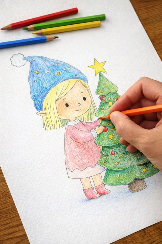 mano che colora un disegno natalizio
